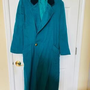 Women's Long Teal Coat with Gold Button Detail